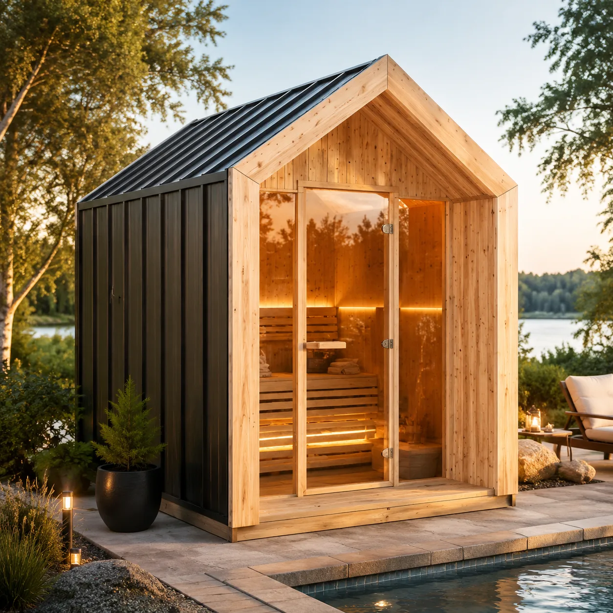 Solid wood Finnish sauna room with glass door and traditional tiered benches