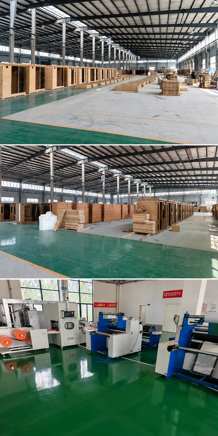 Factory production reference showing sauna cabins, assembly areas and manufacturing equipment