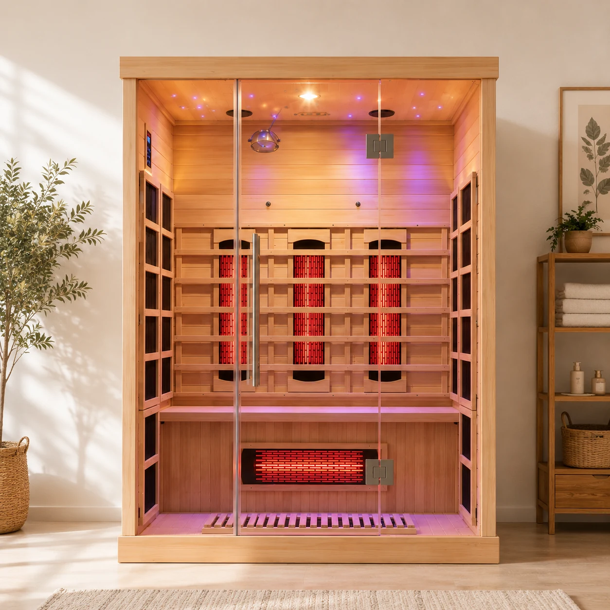 Three-person far-infrared solid wood sauna room with glass front and ceramic heating elements