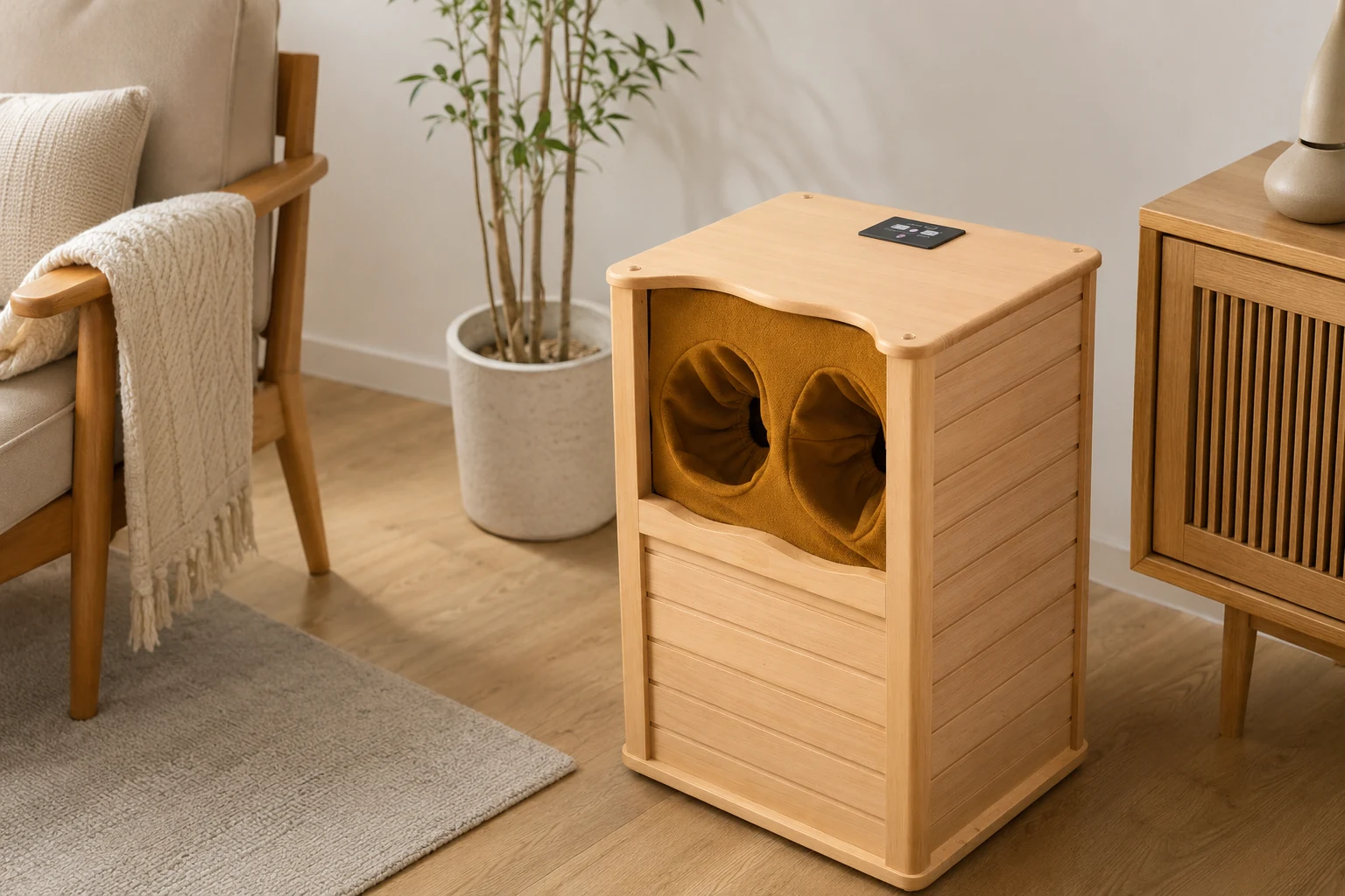 Graphene far-infrared single-person wellness barrel with foot openings and a top control panel