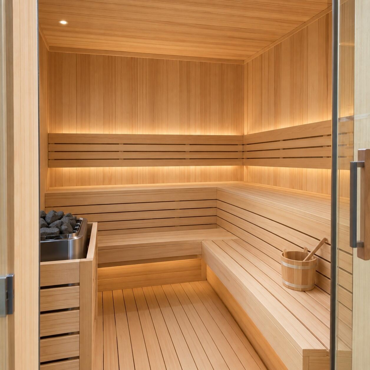 Interior of a wooden sauna with benches, heater, and warm lighting