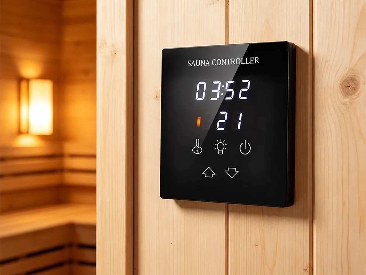 Digital sauna controller mounted on a timber wall