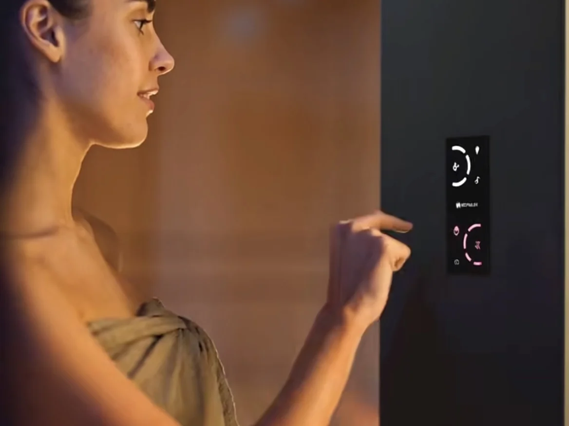 User operating a touch control interface in a sauna