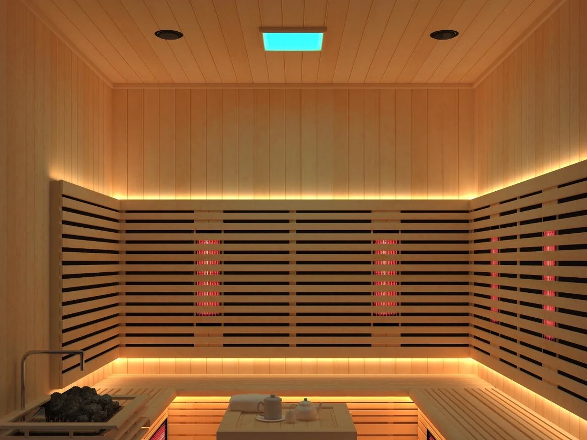Custom sauna room with integrated far-infrared heating system