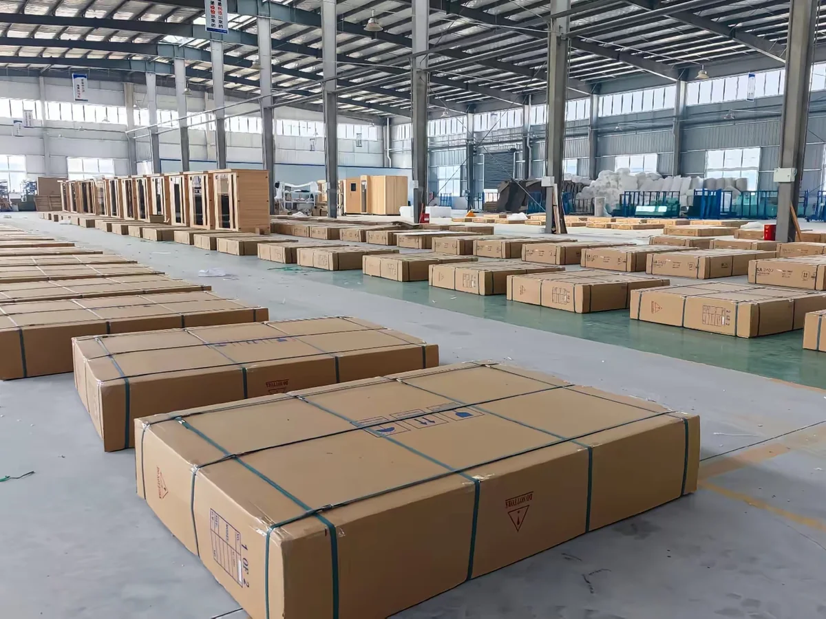 Custom export cartons and packaged sauna components in the factory