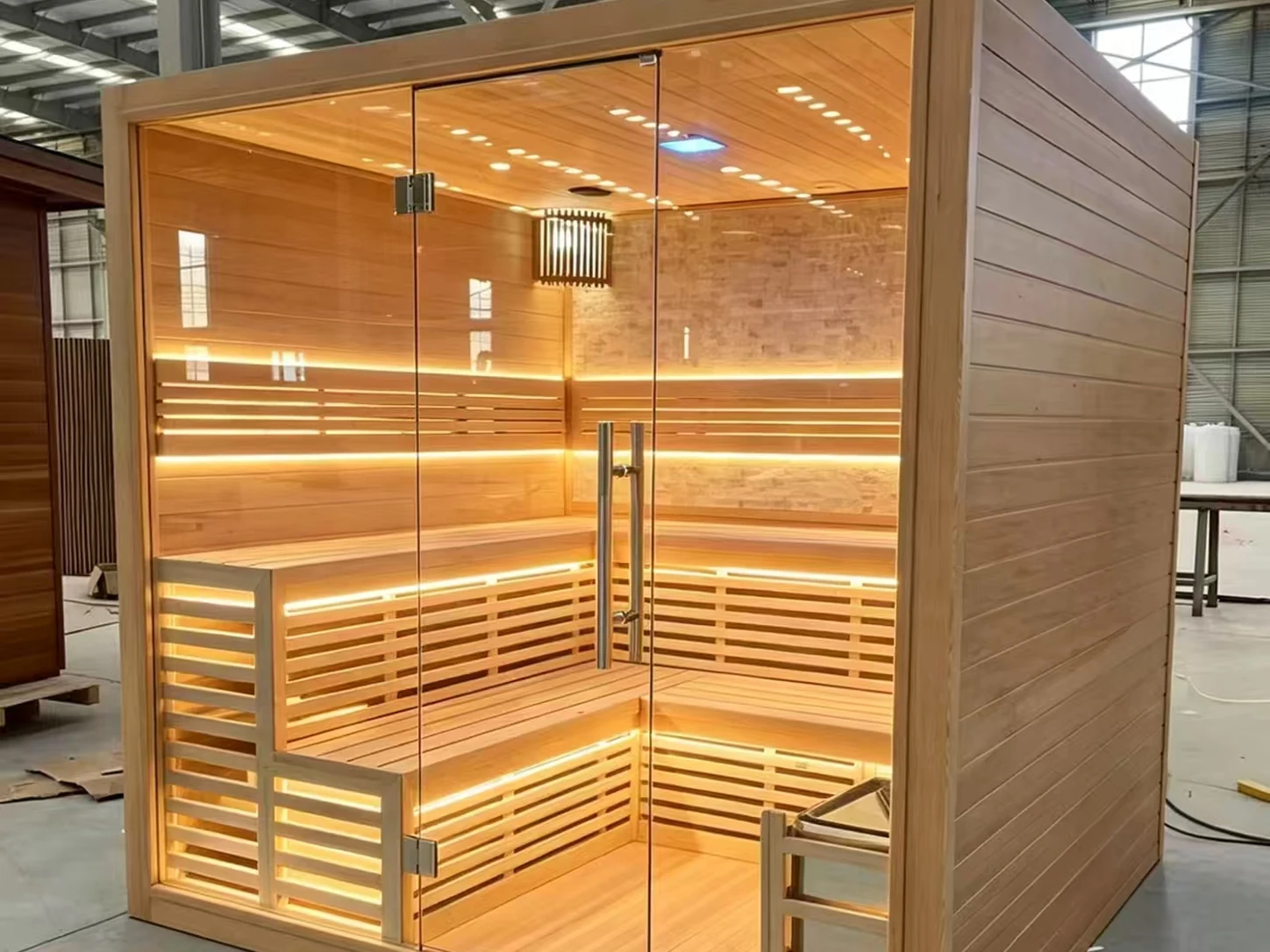 OEM custom sauna room photographed in the factory