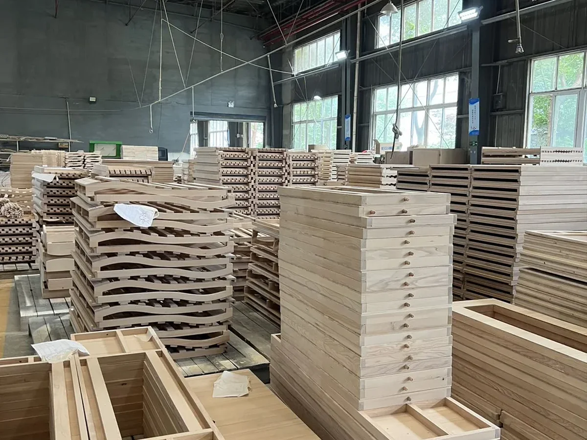 Real wood panels and components prepared for sauna manufacturing