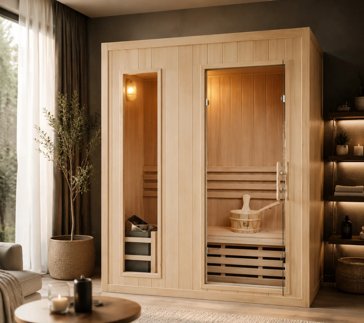 Product showcase of a two-person wooden sauna-style enclosure with a glass door and bench seating