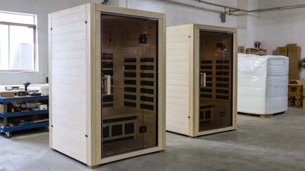 Two real far infrared sauna cabins with glass doors in the Huian Sauna workshop, illustrating the infrared sauna option in the commercial buyer guide